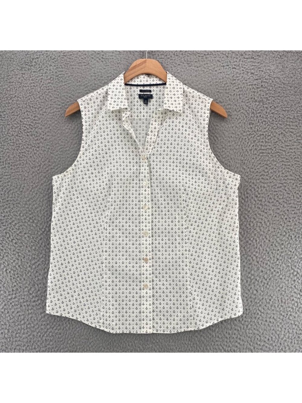 Talbots Shirt Womens 12 Petite White Dot Anchors Wrinkle Resistant Sleeveless